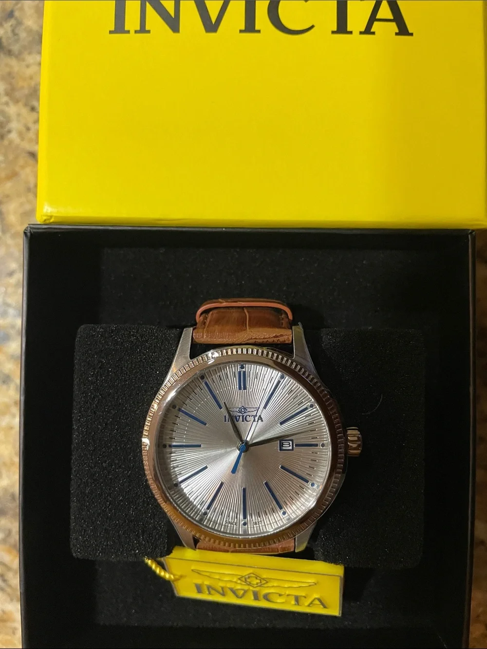 Invicta Silver Dial with Brown Leather Strap and Blue Accents